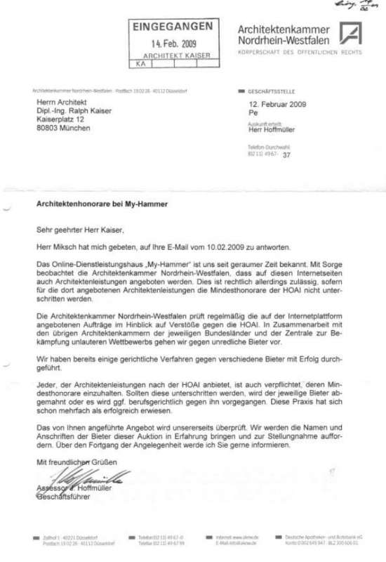 BAU.DE / BAU-Forum: 1. Bild zu Frage "Architektenhonorare MyHammer: Dumpingpreise, unlautere Angebote & AKNW-Stellungnahme?" im BAU-Forum "Architekt / Architektur"
