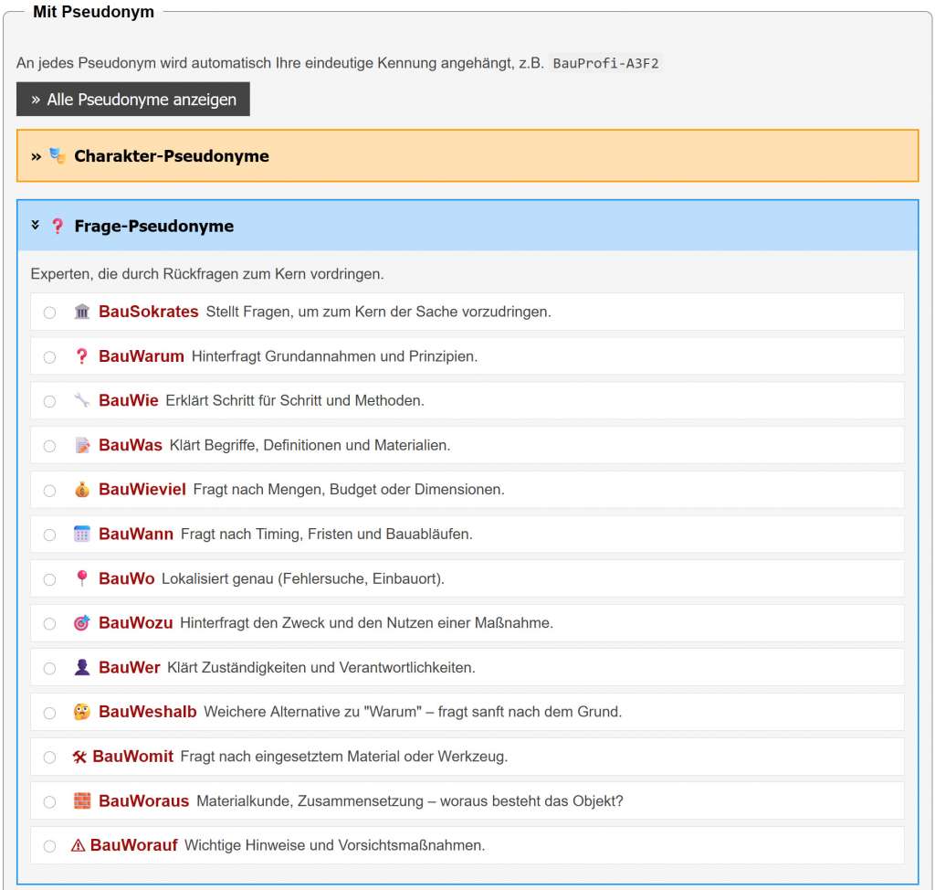 BAU-Forumsbeitrag: Pseudonyme für Antwortengeber: BauSokrates und die KI-Task-Force im Bauforum BAU-Forumsbeitrag: Pseudonyme für Antwortengeber: BauSokrates und die KI-Task-Force im Bauforum