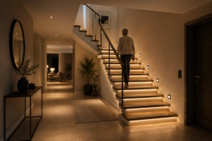 Moderne Treppenbeleuchtung: Sicherheit, Komfort und Design mit automatischer LED-Steuerung - Bild: BauKI / BAU.DE