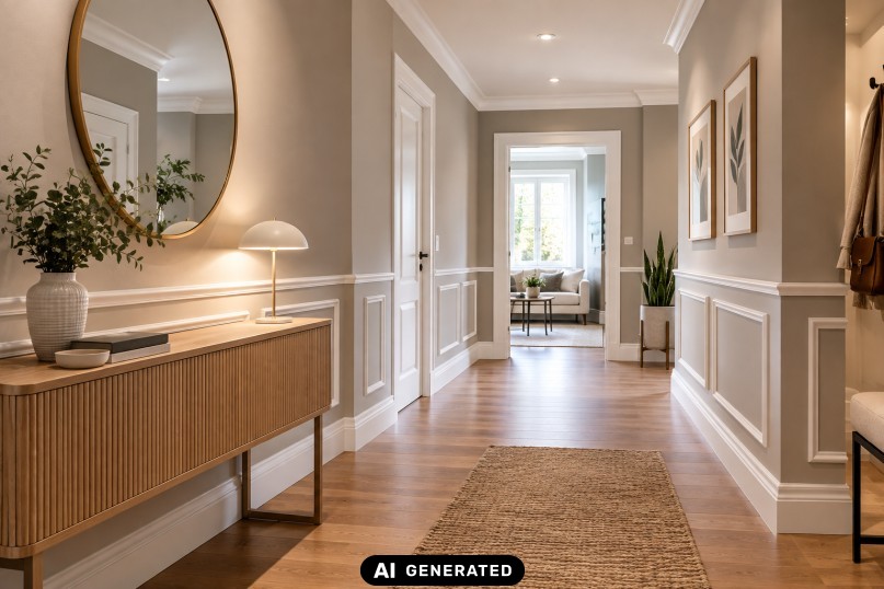 Eine Deckenleiste ist ein meist schmales, langgestrecktes Bauelement, das am &Uuml;bergang zwischen Wand und Decke montiert wird, um diesen &Uuml;bergang optisch zu gl&auml;tten und architektonisch zu betonen.
