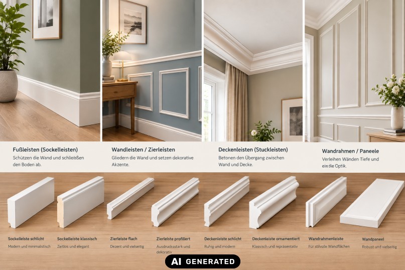 Eine Leiste ist ein langgestrecktes, schmales Bauteil mit meist rechteckigem oder profiliertem Querschnitt, das im Innenausbau zur Gestaltung, Abgrenzung oder zum Schutz von Wand-, Boden- und Deckenfl&auml;chen eingesetzt wird.