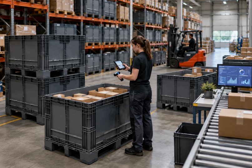 Eine Kunststoff-Palettenbox ist ein robuster Gro&szlig;beh&auml;lter aus Kunststoff, der f&uuml;r die Lagerung, den Transport und die Kommissionierung von Waren entwickelt wurde.